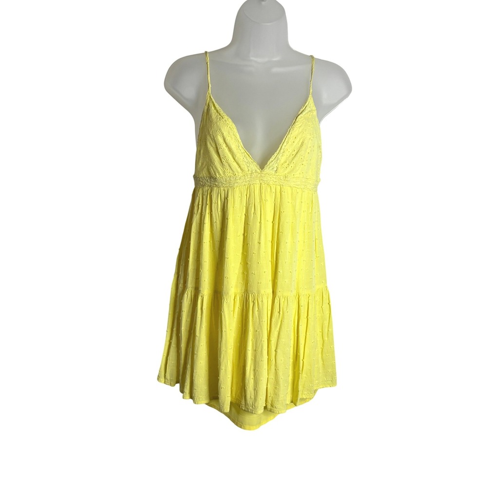 Sky to Moon | Yellow Swiss Dot Tiered Mini Dress Crochet Lace Trim |Size Medium